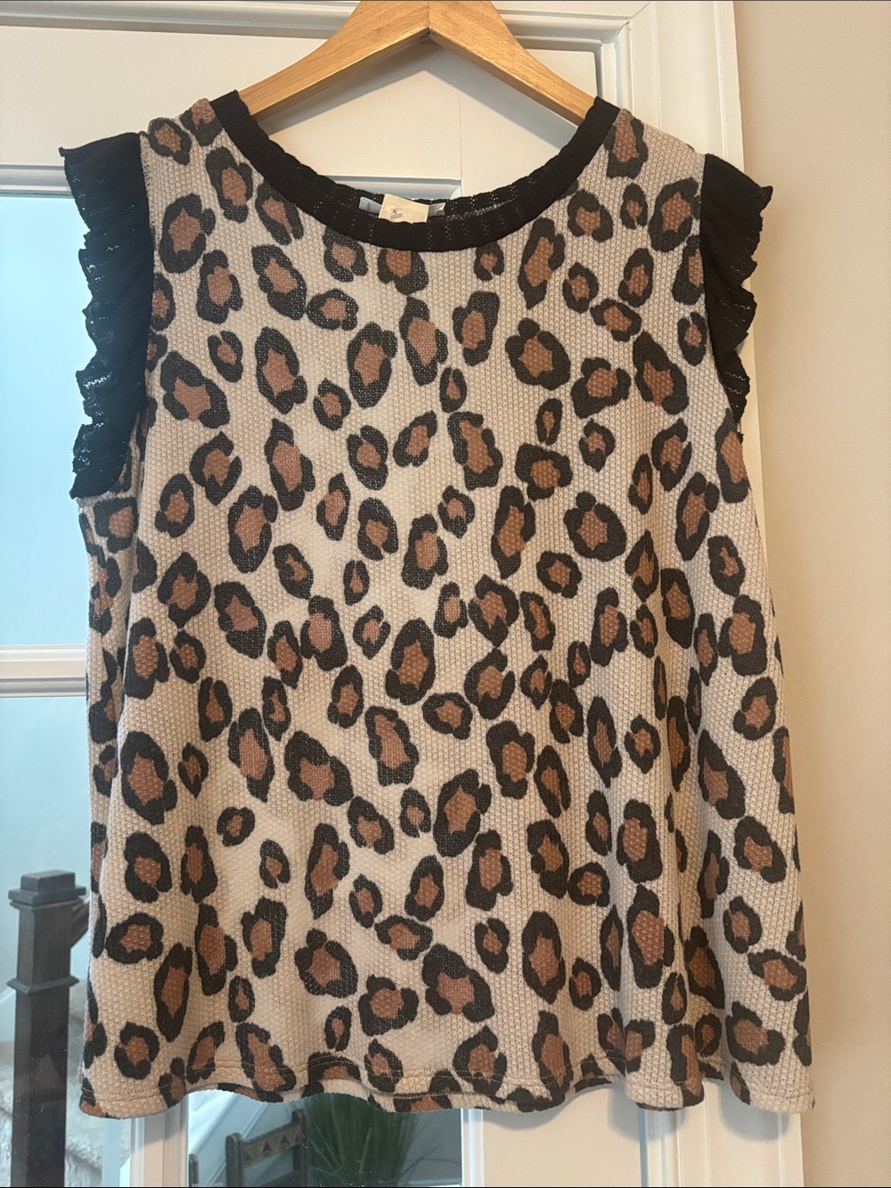 Ces Femme Leopard Print Tank Top with Black Ruffle Trim